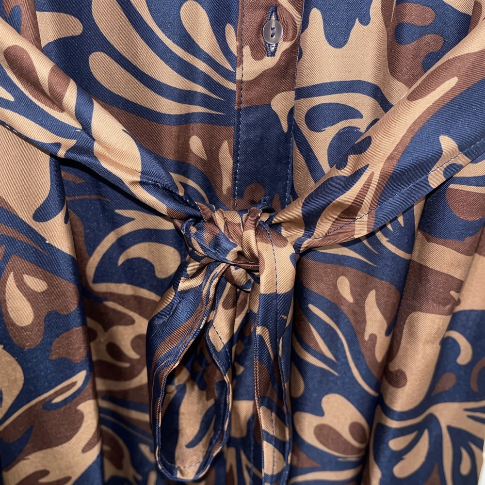 J.McLaughlin Midi Shirt Dress Silk Viscose Botanical Print Tie Waist Button Up M - Picture 9 of 13